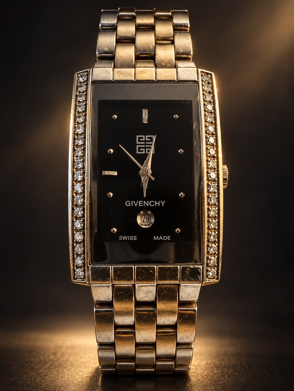 Givenchy Silver-Tone Bracelet Watch with Black Dial and Crystal Accents